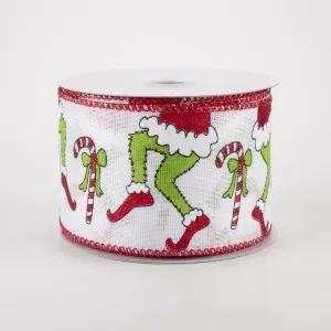 2.5" Christmas Green Monster Legs & Candy Canes Ribbon: Red (10 Yards)