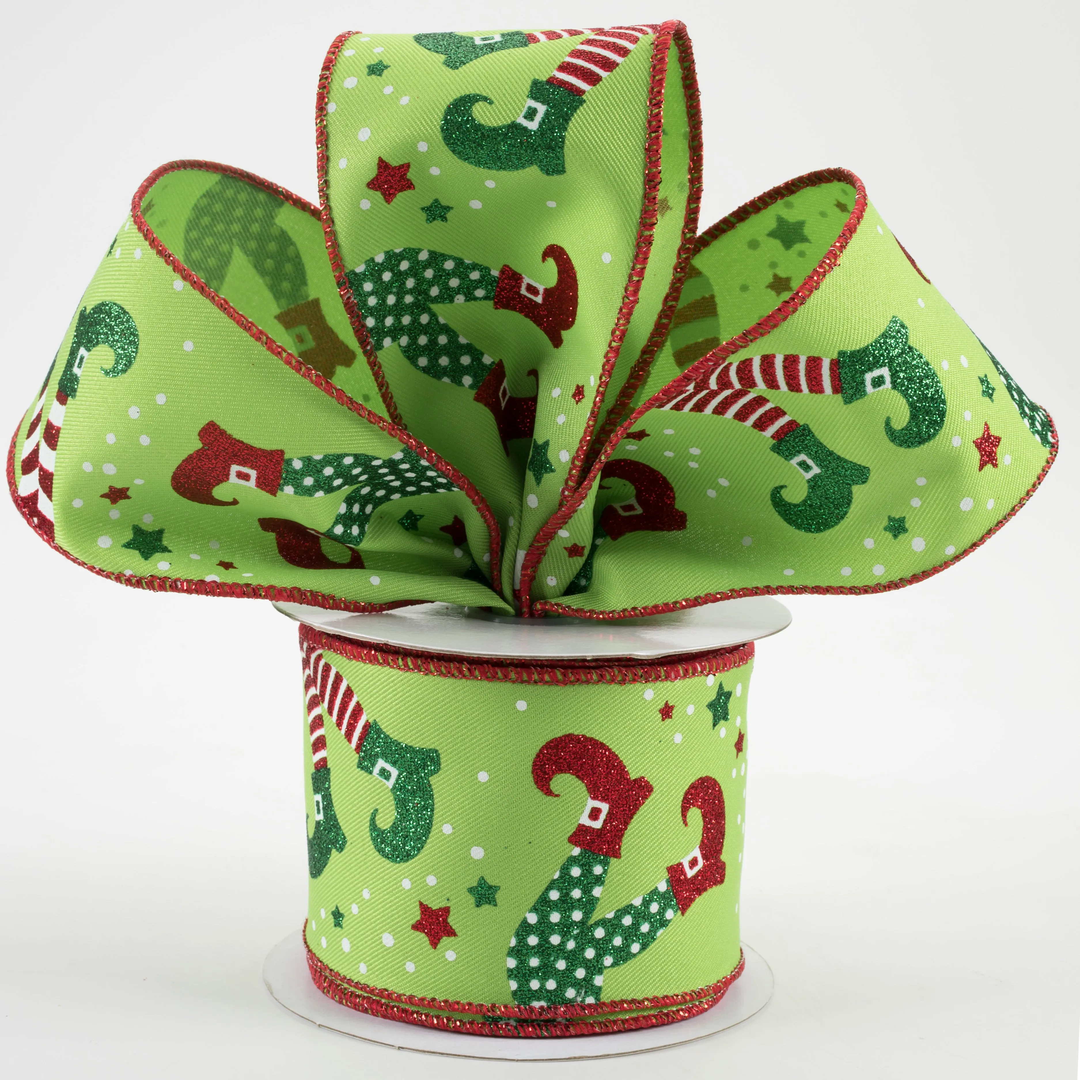 2.5" Elf Legs Ribbon: Lime, Red, Emerald (10 Yards)