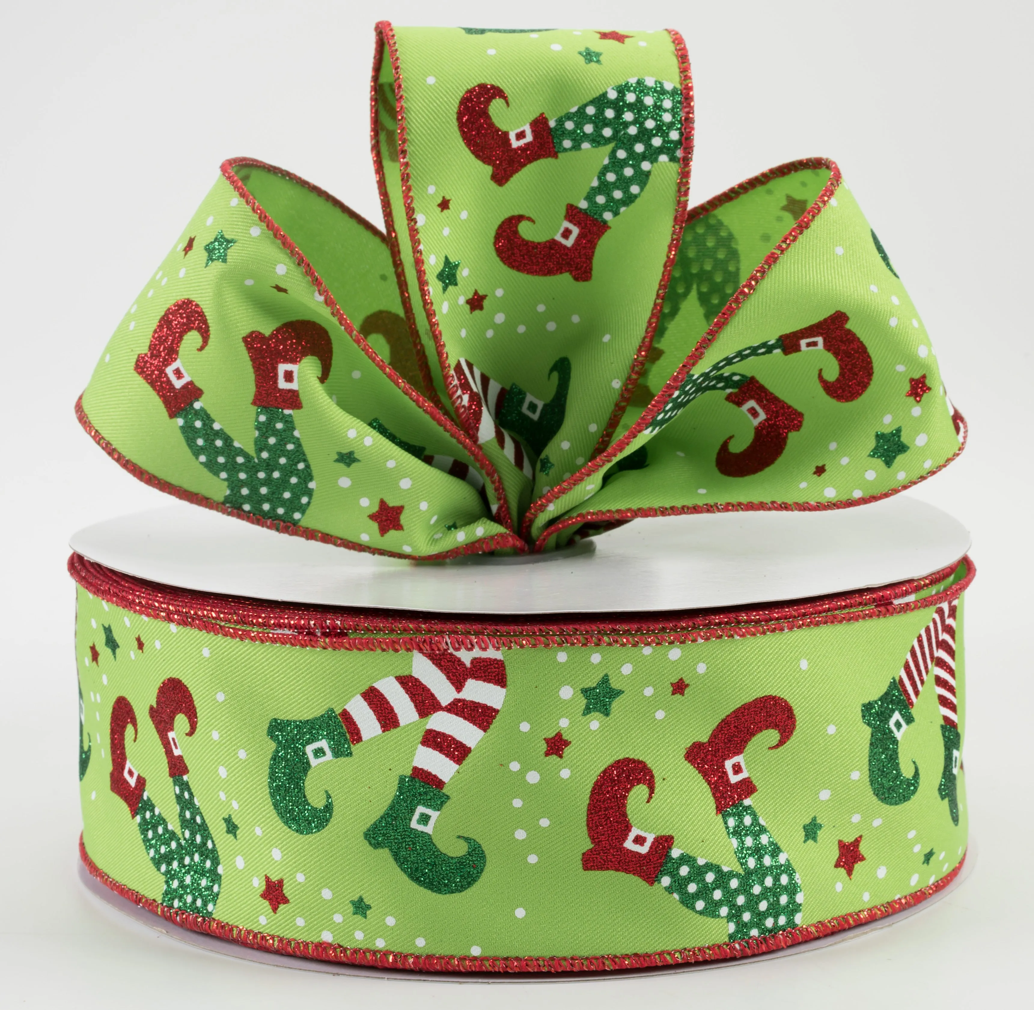 2.5" Elf Legs Ribbon: Lime, Red, Emerald (50 Yards)