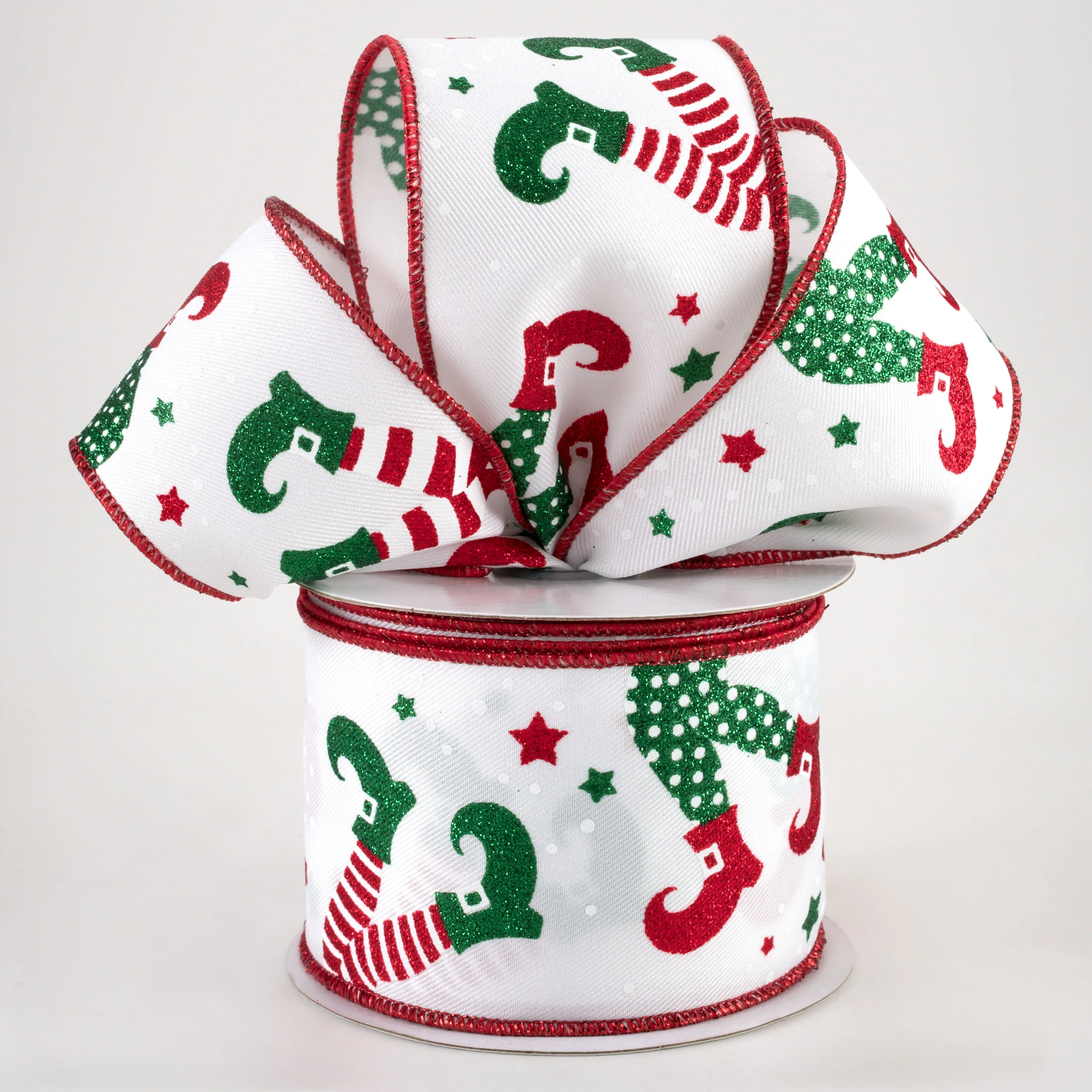 2.5" Elf Legs Ribbon: White, Red, Emerald (10 Yards)