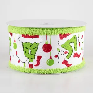 2.5" Furry Edge Green Monster Elf Legs Ribbon: White (10 Yards)