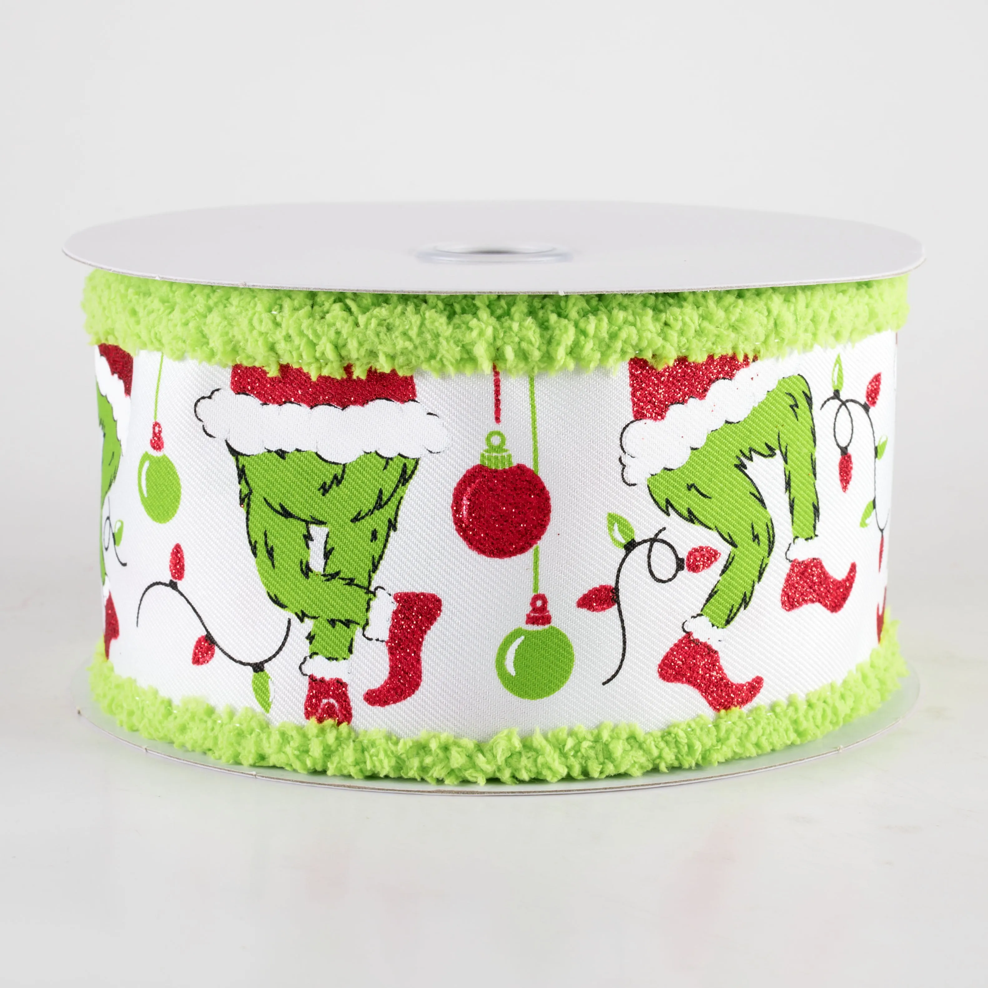 2.5" Furry Edge Green Monster Elf Legs Ribbon: White (10 Yards)