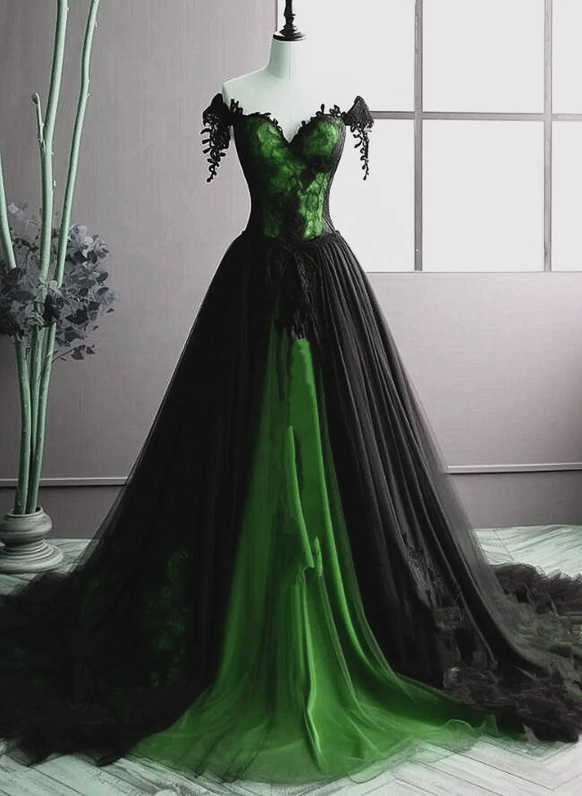 A-line Black and Green Sweetheart Tulle Long Party Dress, Black and Green Evening Dress