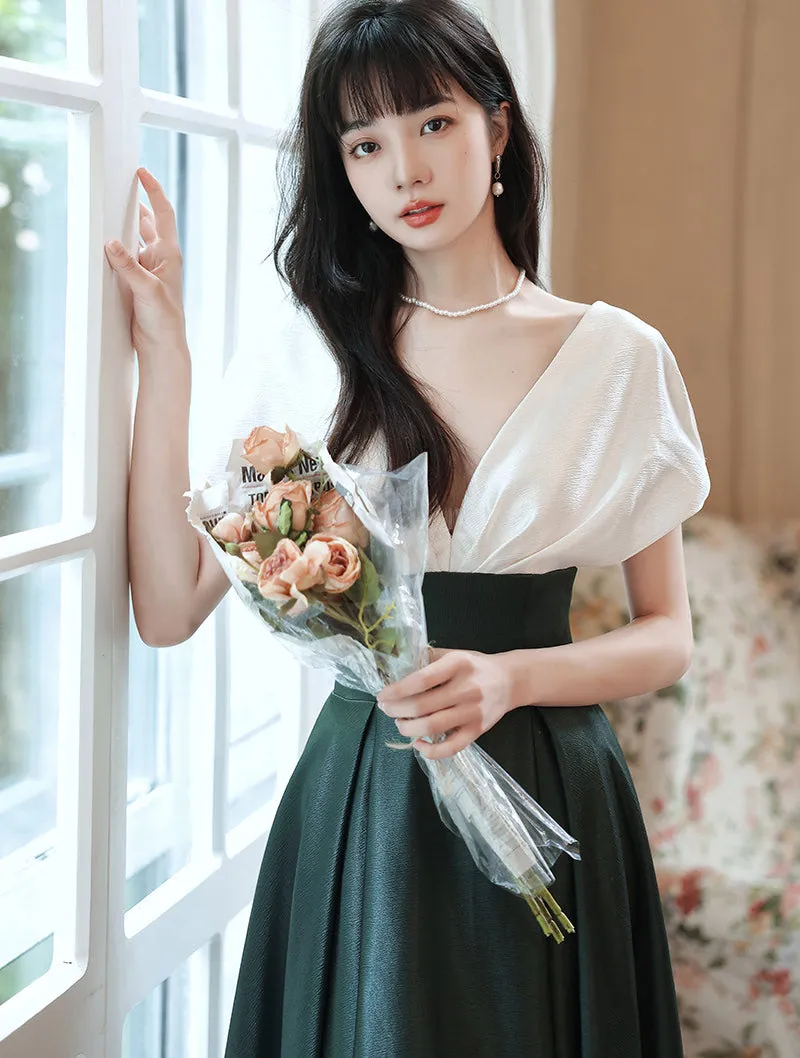 A-line Satin White and Green Long Party Dress, V-neckline Long Prom Dress Formal Dress