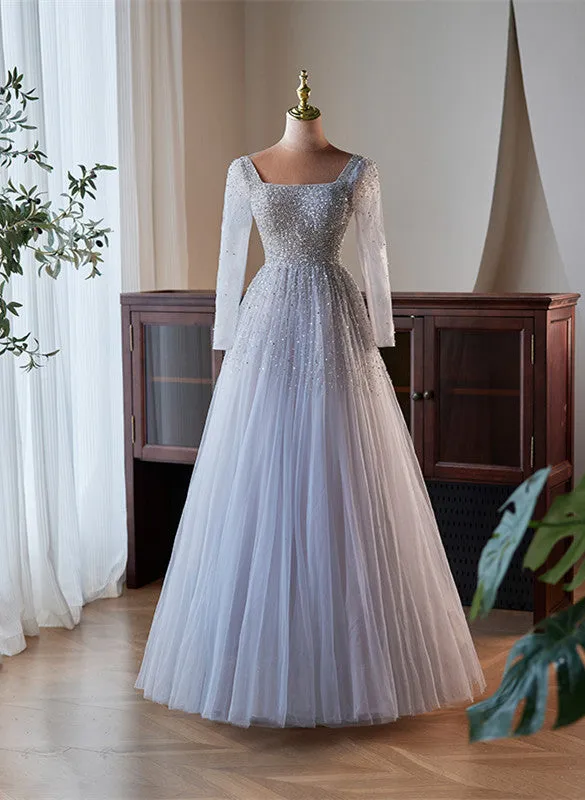 A-line Tulle Sequins Long Sleeves Party Dress, Sliver-Grey Shiny Prom Dress