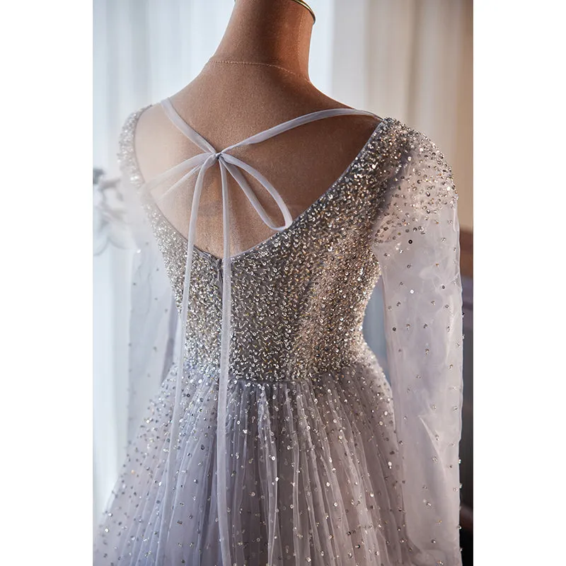 A-line Tulle Sequins Long Sleeves Party Dress, Sliver-Grey Shiny Prom Dress