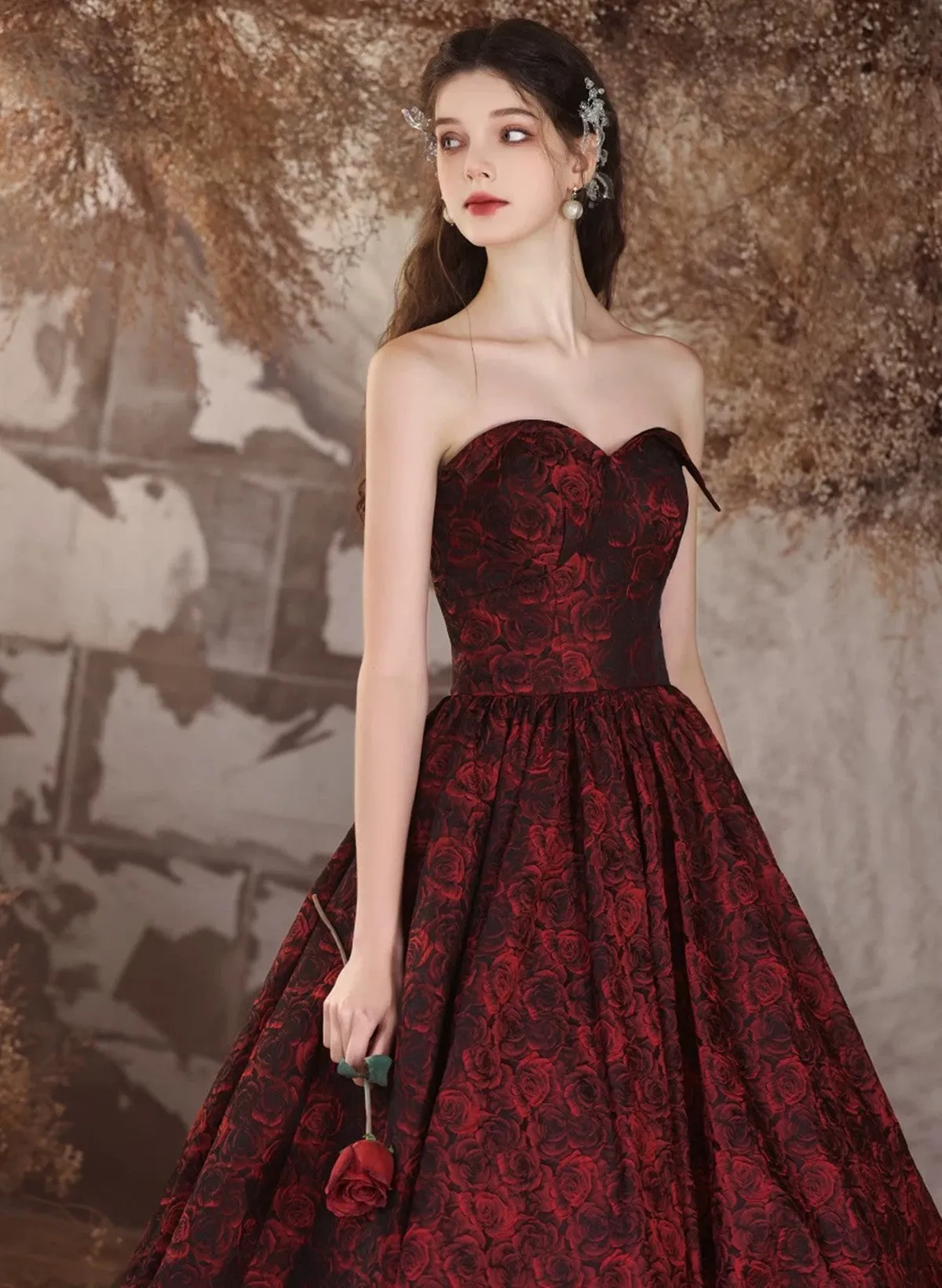 Black and Red Floral Sweetheart Floor Length Party Dress, Long Prom Dress