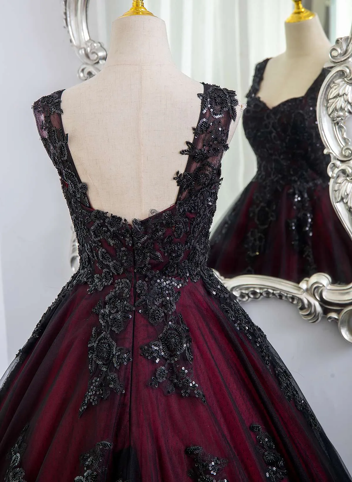 Black and Red Tulle with Black Lace Applique Prom Dress, Black Tulle Sweet 16 Dress