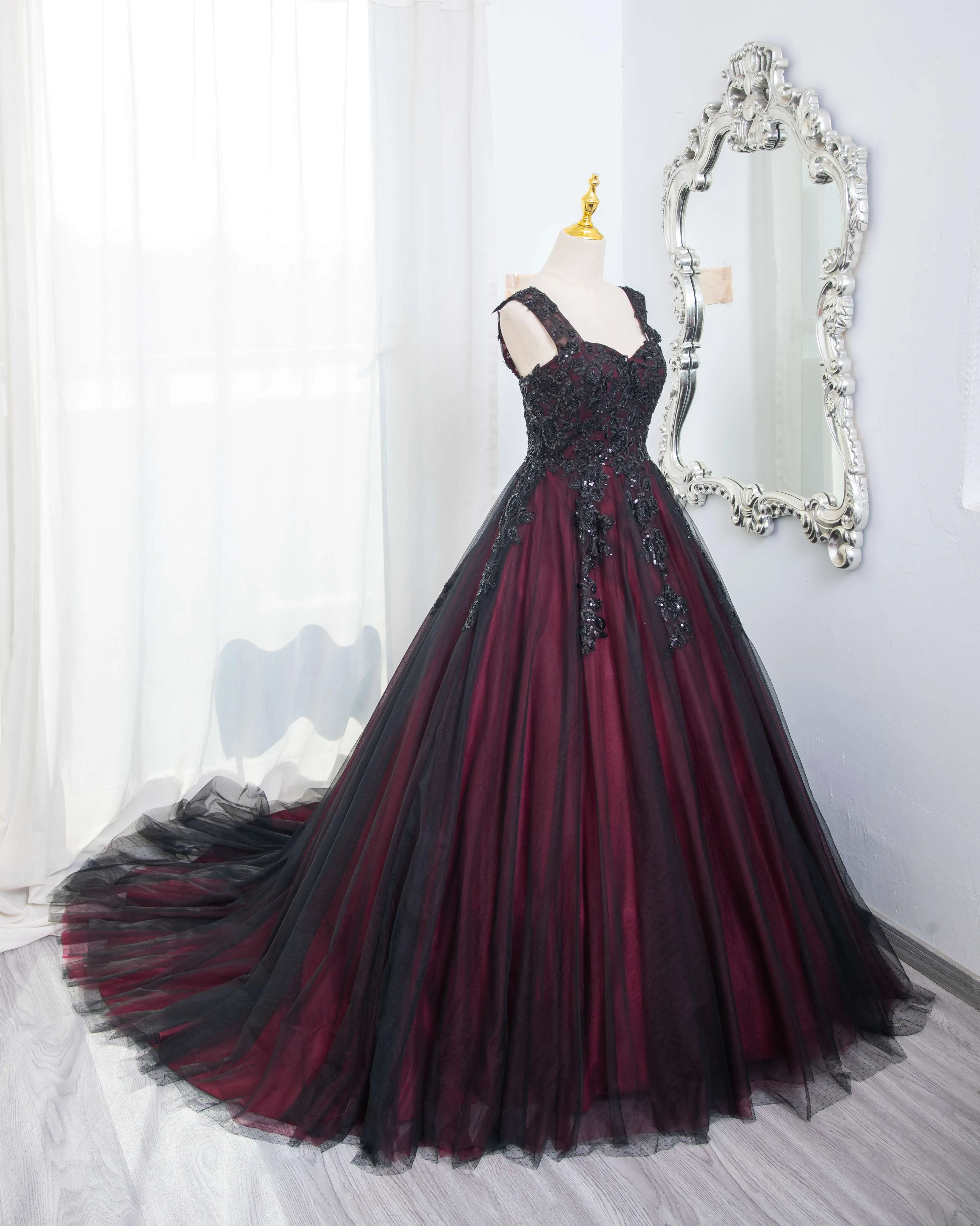 Black and Red Tulle with Black Lace Applique Prom Dress, Black Tulle Sweet 16 Dress