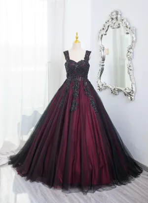 Black and Red Tulle with Black Lace Applique Prom Dress, Black Tulle Sweet 16 Dress