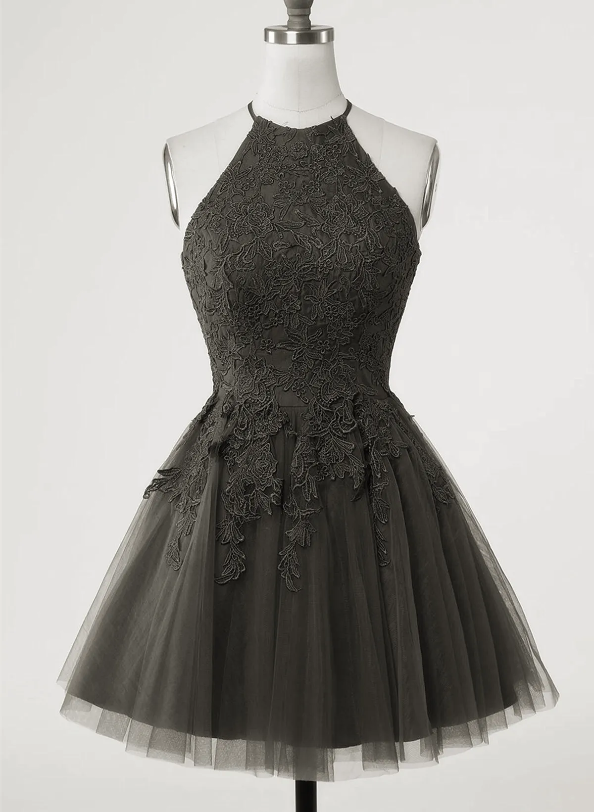 Black Halter Tulle with Lace Short Party Dress, Black Tulle Homecoming Dress