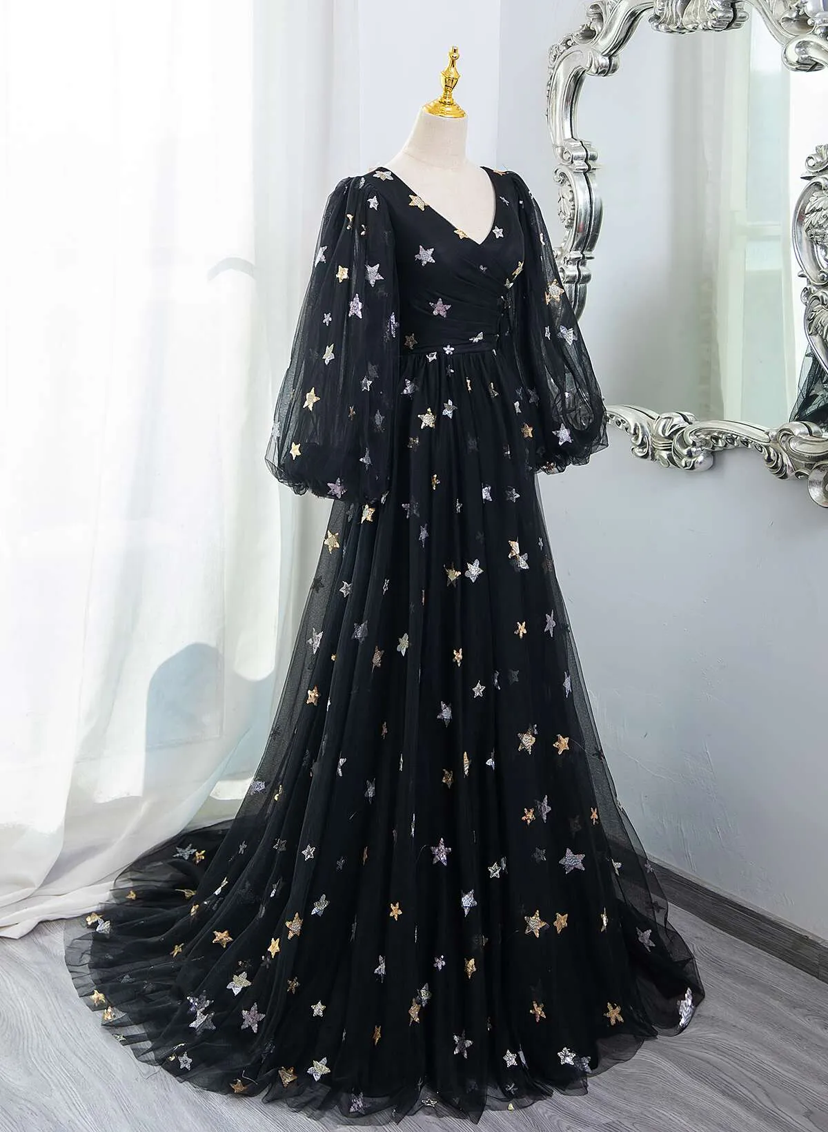 Black V-neckline Long Sleeves Tulle Evening Dress, Black A-line Prom Dress