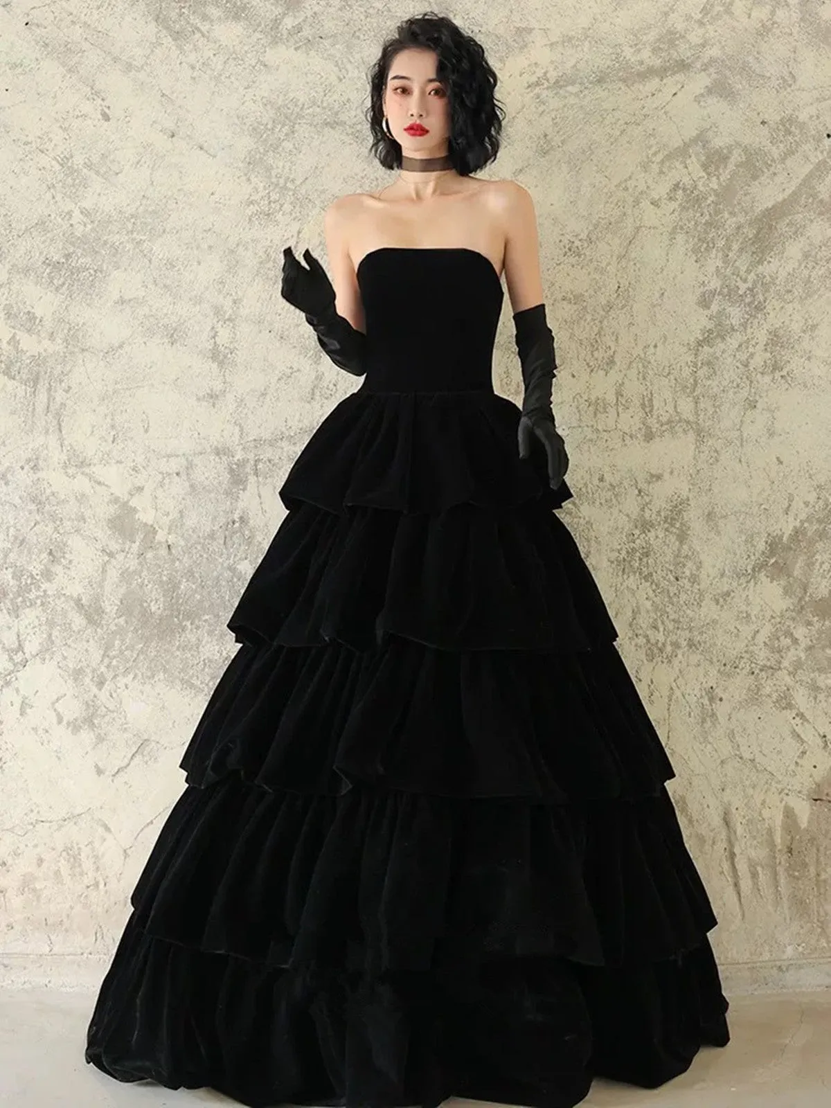 Black Velvet Layers Strapless Long A-line Prom Dress, Black Velvet Formal Dress