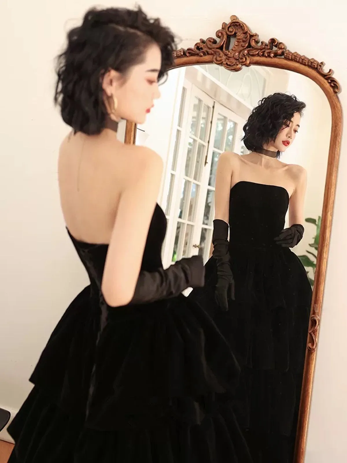 Black Velvet Layers Strapless Long A-line Prom Dress, Black Velvet Formal Dress