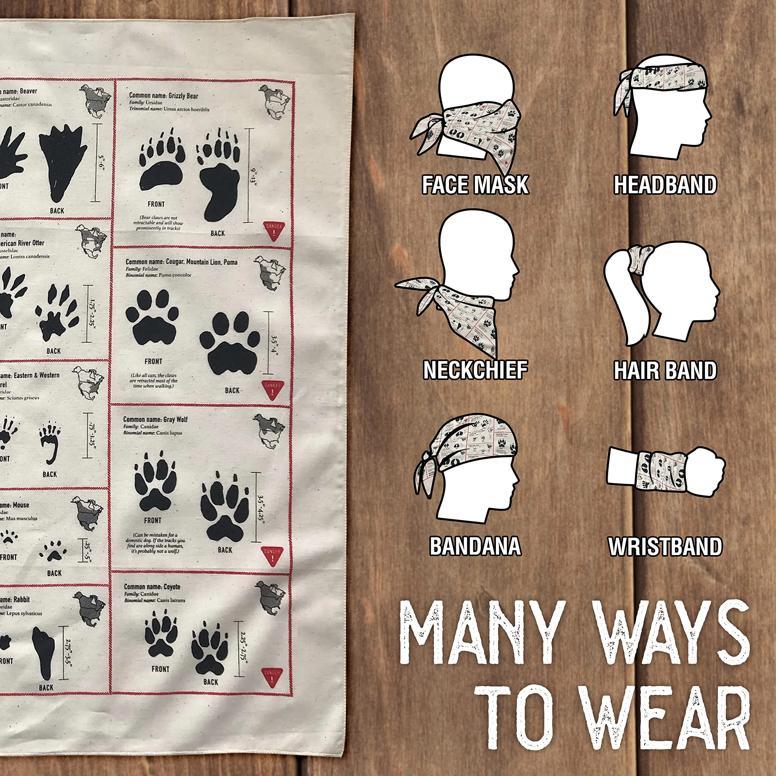 Colter Co. Animal Tracker Survival Bandana - 17 Animals Track - 100% Cotton, Unique Bandanas For Men, Women, Kids - USA Made (22"x22", White)