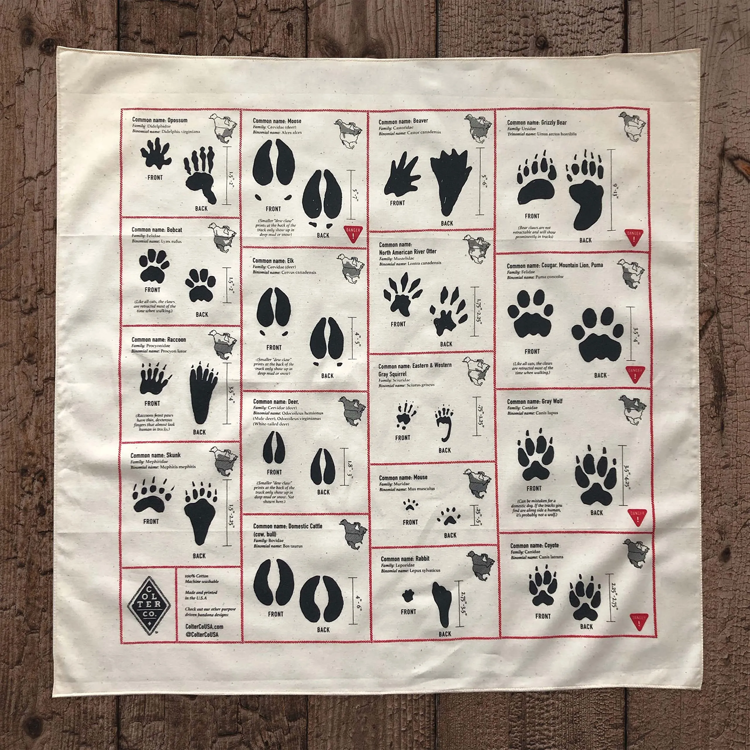 Colter Co. Animal Tracker Survival Bandana - 17 Animals Track - 100% Cotton, Unique Bandanas For Men, Women, Kids - USA Made (22"x22", White)