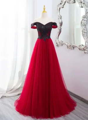 Dark Red Tulle with Black Lace Off Shoulder Prom Dress, A-line Dark Red Evening Dress