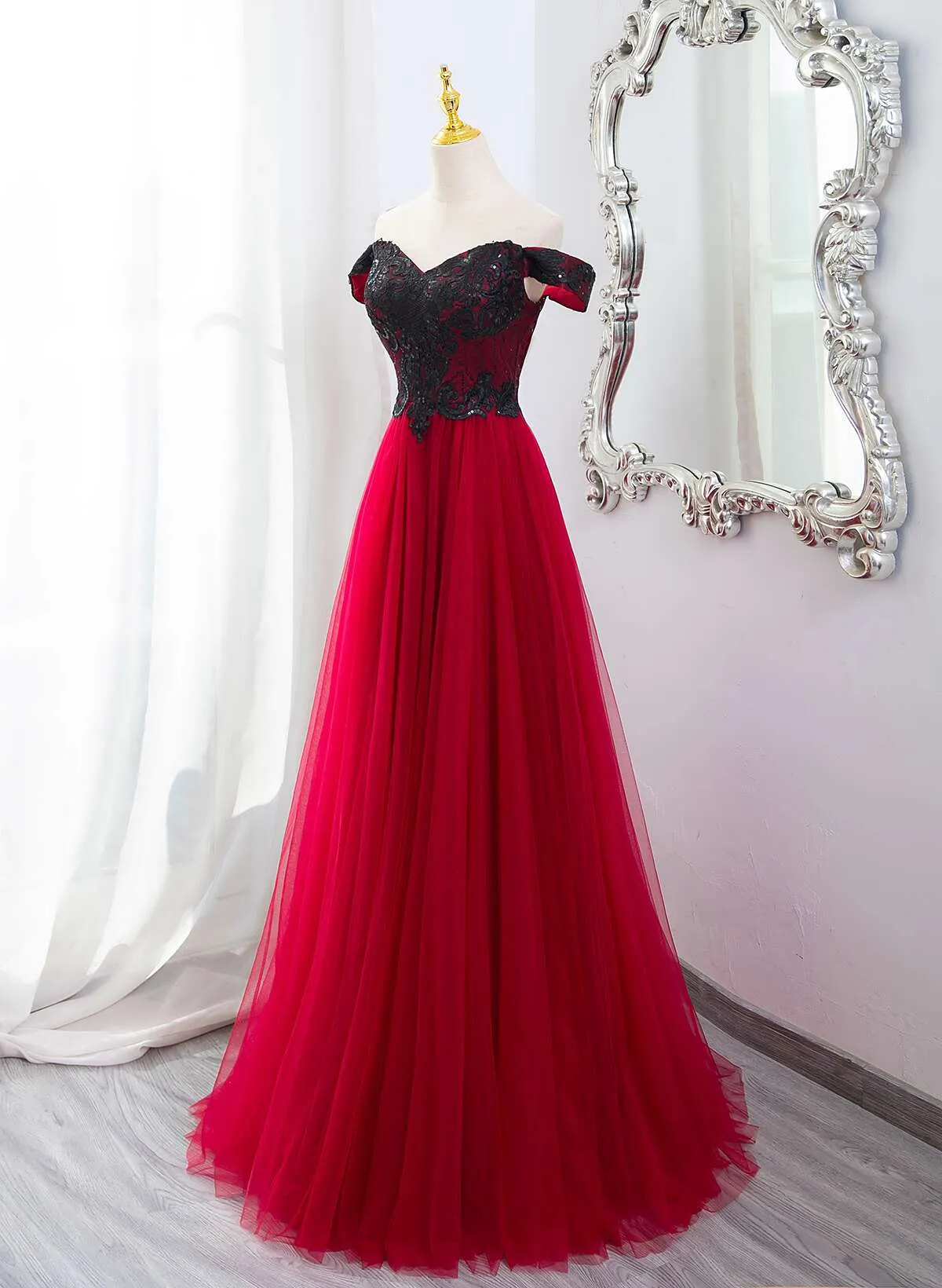 Dark Red Tulle with Black Lace Off Shoulder Prom Dress, A-line Dark Red Evening Dress