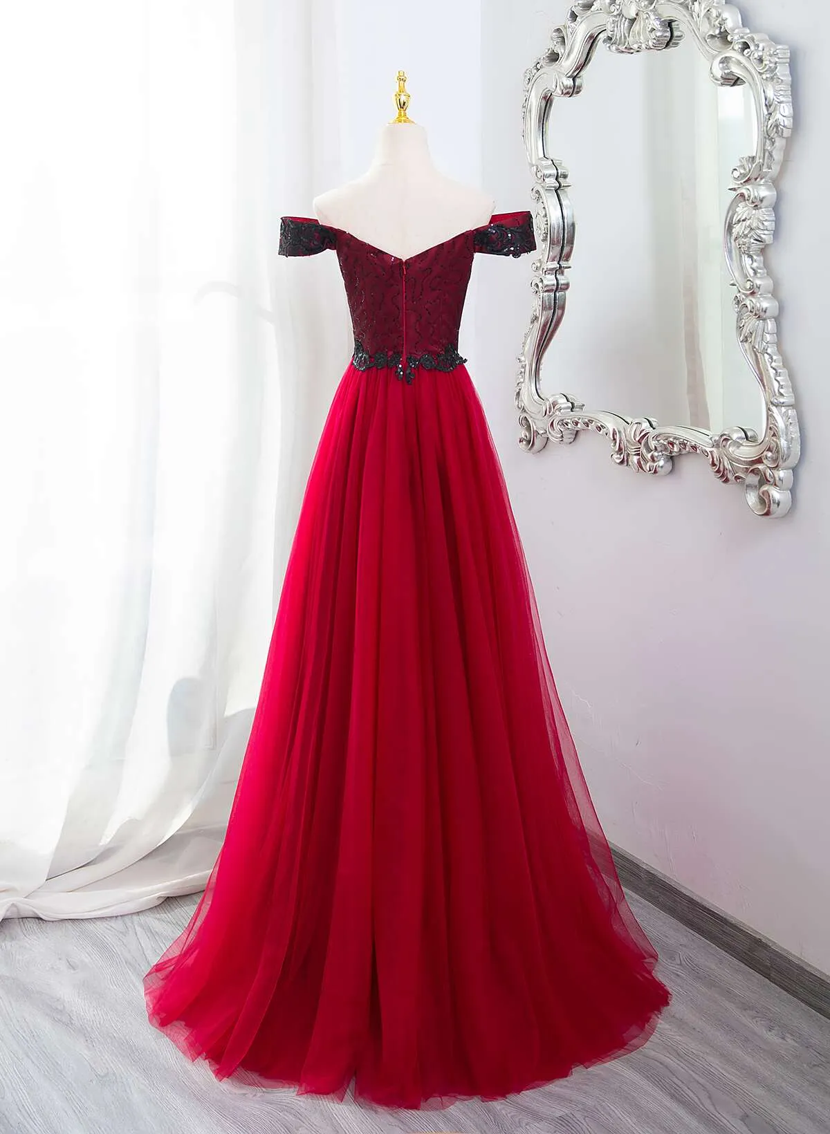 Dark Red Tulle with Black Lace Off Shoulder Prom Dress, A-line Dark Red Evening Dress