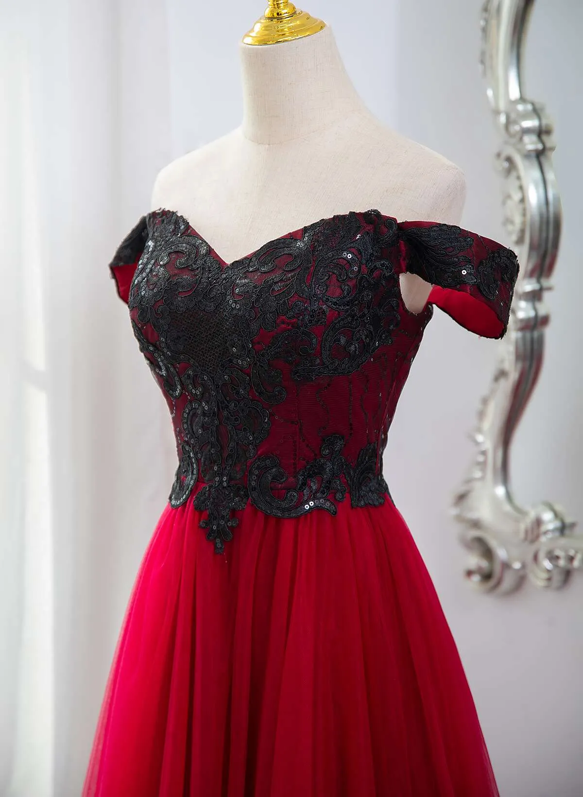 Dark Red Tulle with Black Lace Off Shoulder Prom Dress, A-line Dark Red Evening Dress