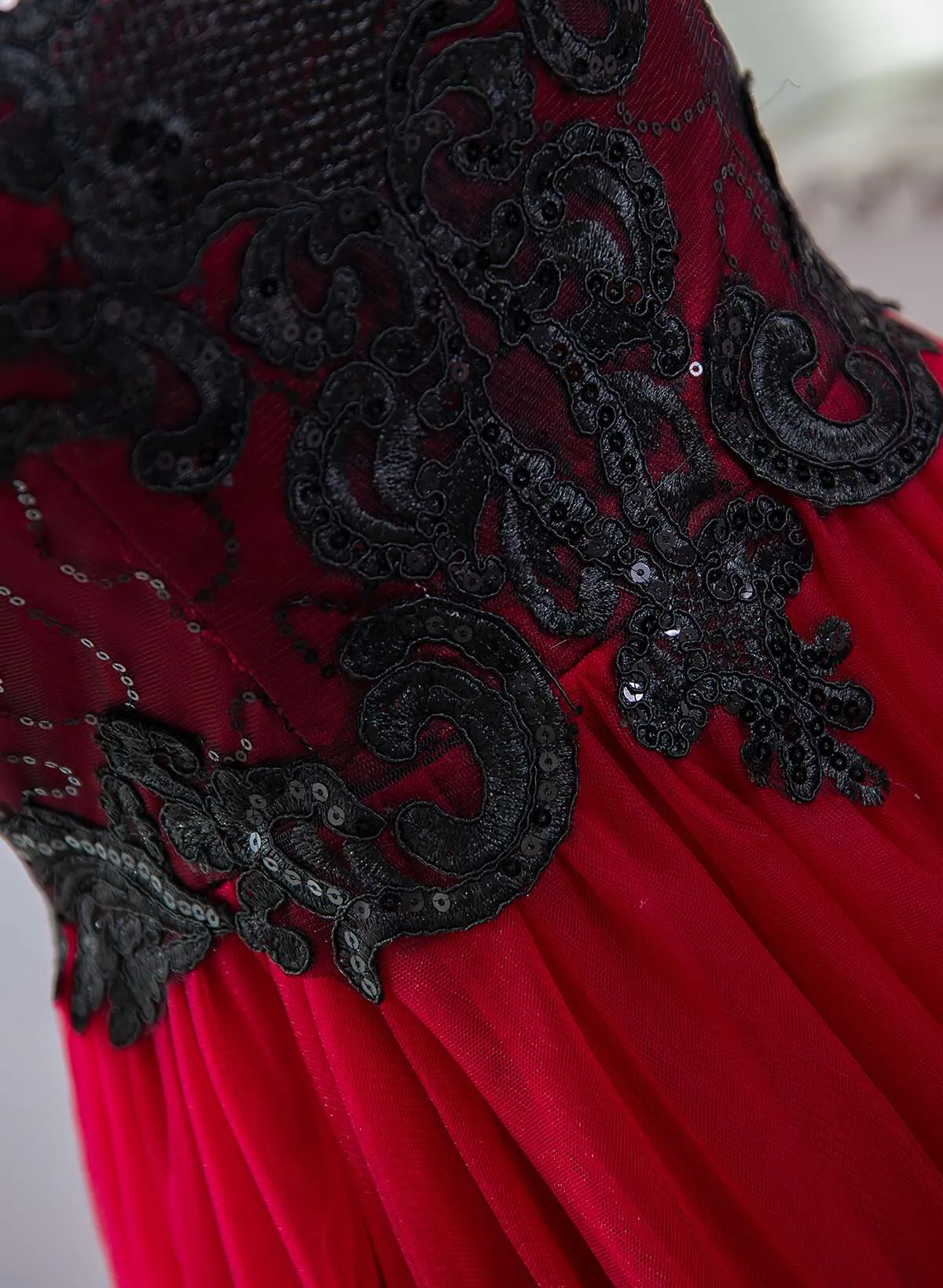 Dark Red Tulle with Black Lace Off Shoulder Prom Dress, A-line Dark Red Evening Dress