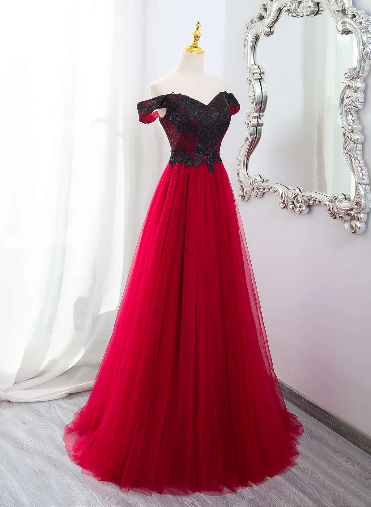 Dark Red Tulle with Black Lace Off Shoulder Prom Dress, A-line Dark Red Evening Dress