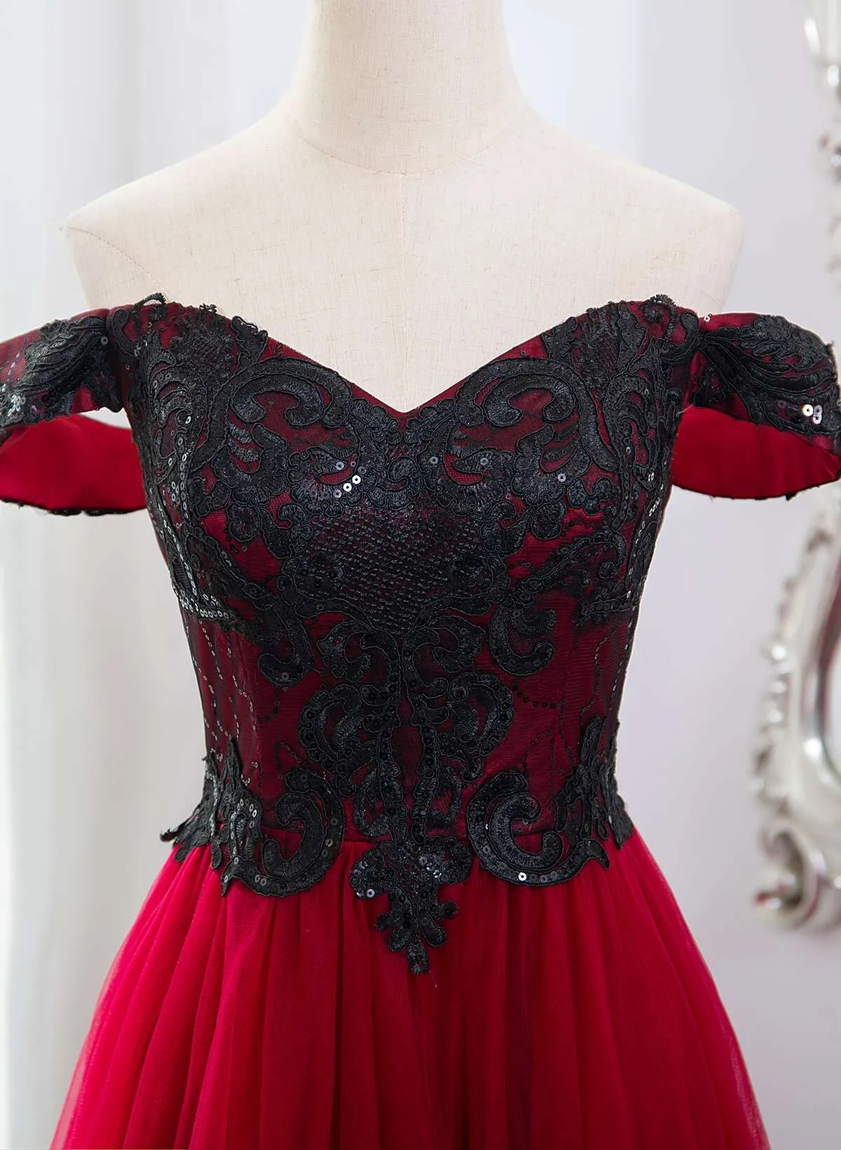 Dark Red Tulle with Black Lace Off Shoulder Prom Dress, A-line Dark Red Evening Dress