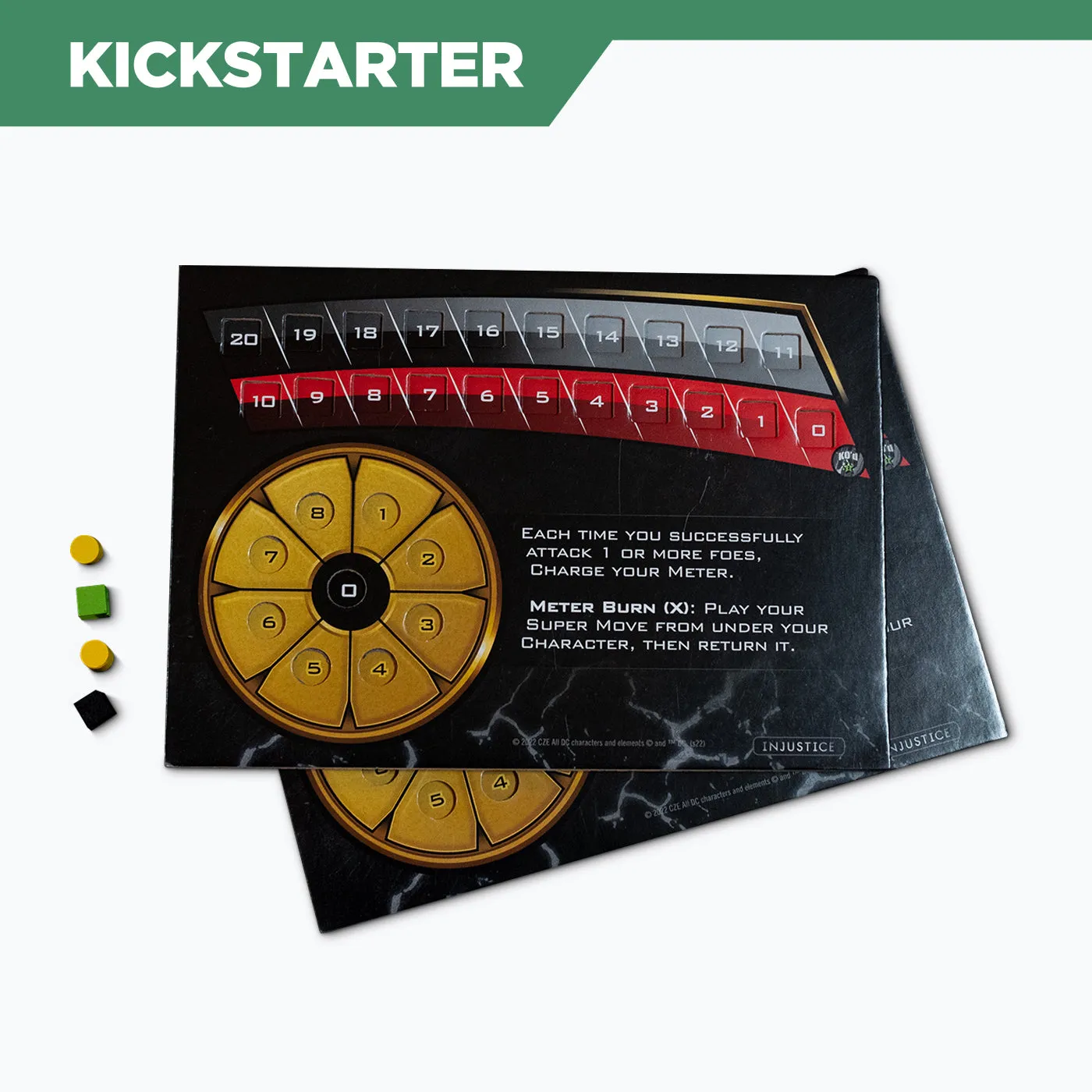 DC Deck-Building Game: Injustice  — 2 Dual-Layered Health Tiles   4 Wooden Markers (Kickstarter Exclusive)