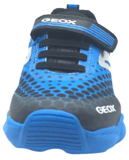 Geox Boy's Munfrey Light Blue Black Polka Dot Mesh Double Hook and Loop Strap Sporty Low Top Breathable Sneaker