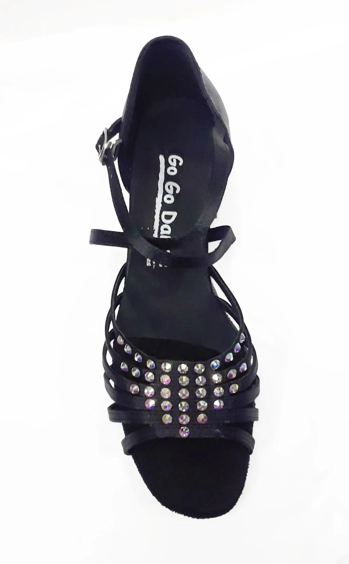 Go Go Dance Shoes, 3075, Black Satin-Rhinestones, 1.5” Cuban Heel