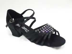 Go Go Dance Shoes, 3075, Black Satin-Rhinestones, 1.5” Cuban Heel