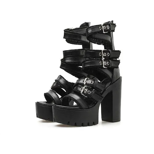 Gothic Shoes High Block Heel Hollow Out Sandals Gladiator Shoes Platform  Buckle Ankle Strap