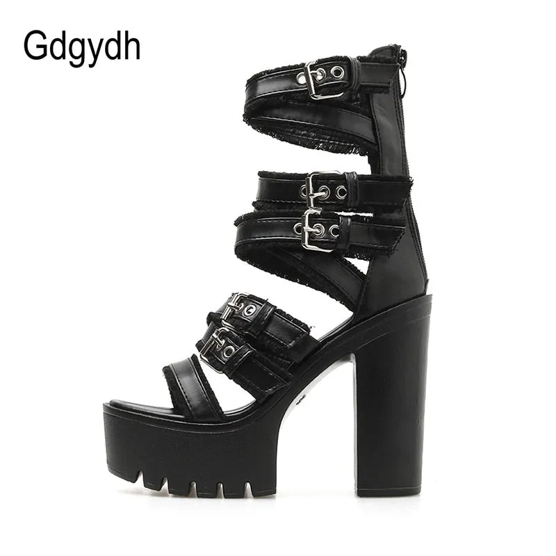 Gothic Shoes High Block Heel Hollow Out Sandals Gladiator Shoes Platform  Buckle Ankle Strap