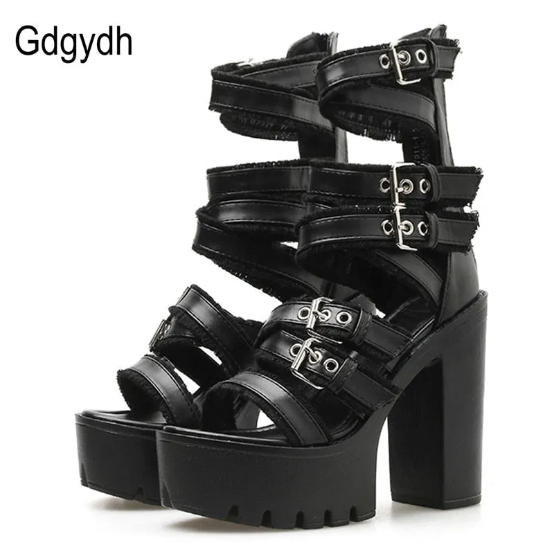 Gothic Shoes High Block Heel Hollow Out Sandals Gladiator Shoes Platform  Buckle Ankle Strap