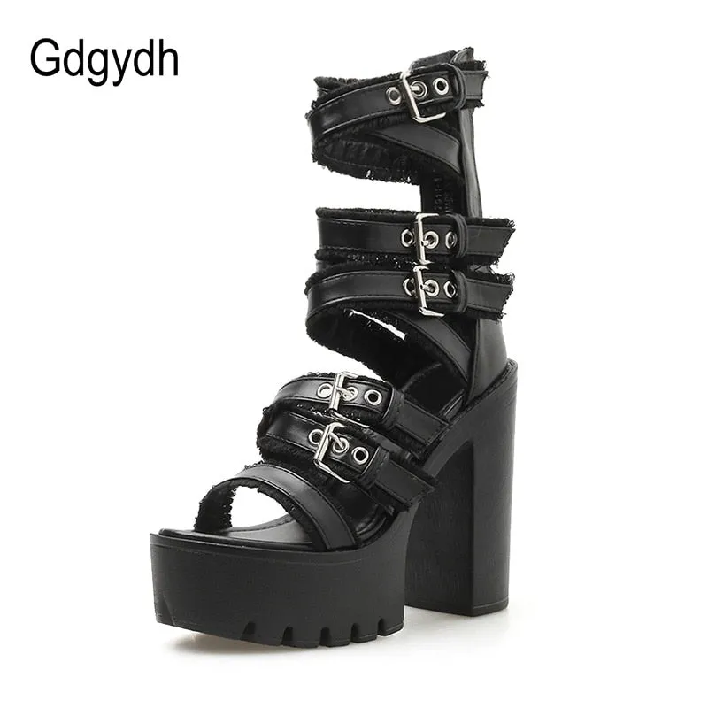 Gothic Shoes High Block Heel Hollow Out Sandals Gladiator Shoes Platform  Buckle Ankle Strap