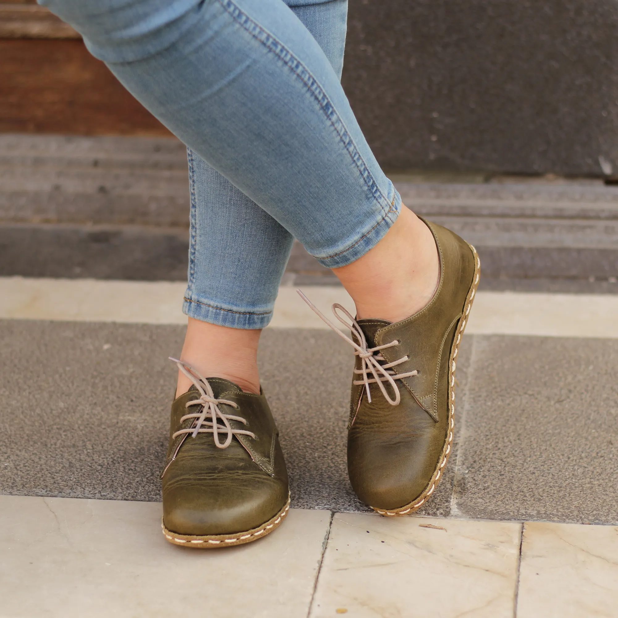 Handmade Barefoot Leather Shoes Military Green for Women