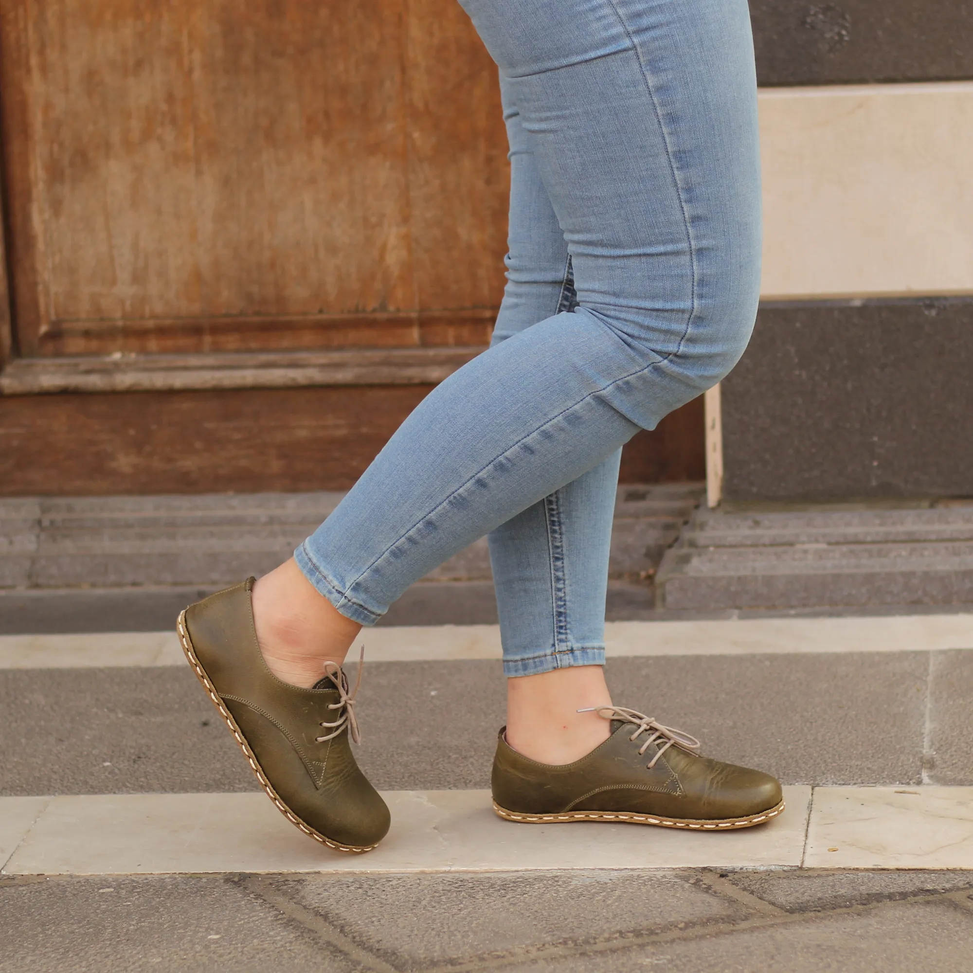 Handmade Barefoot Leather Shoes Military Green for Women