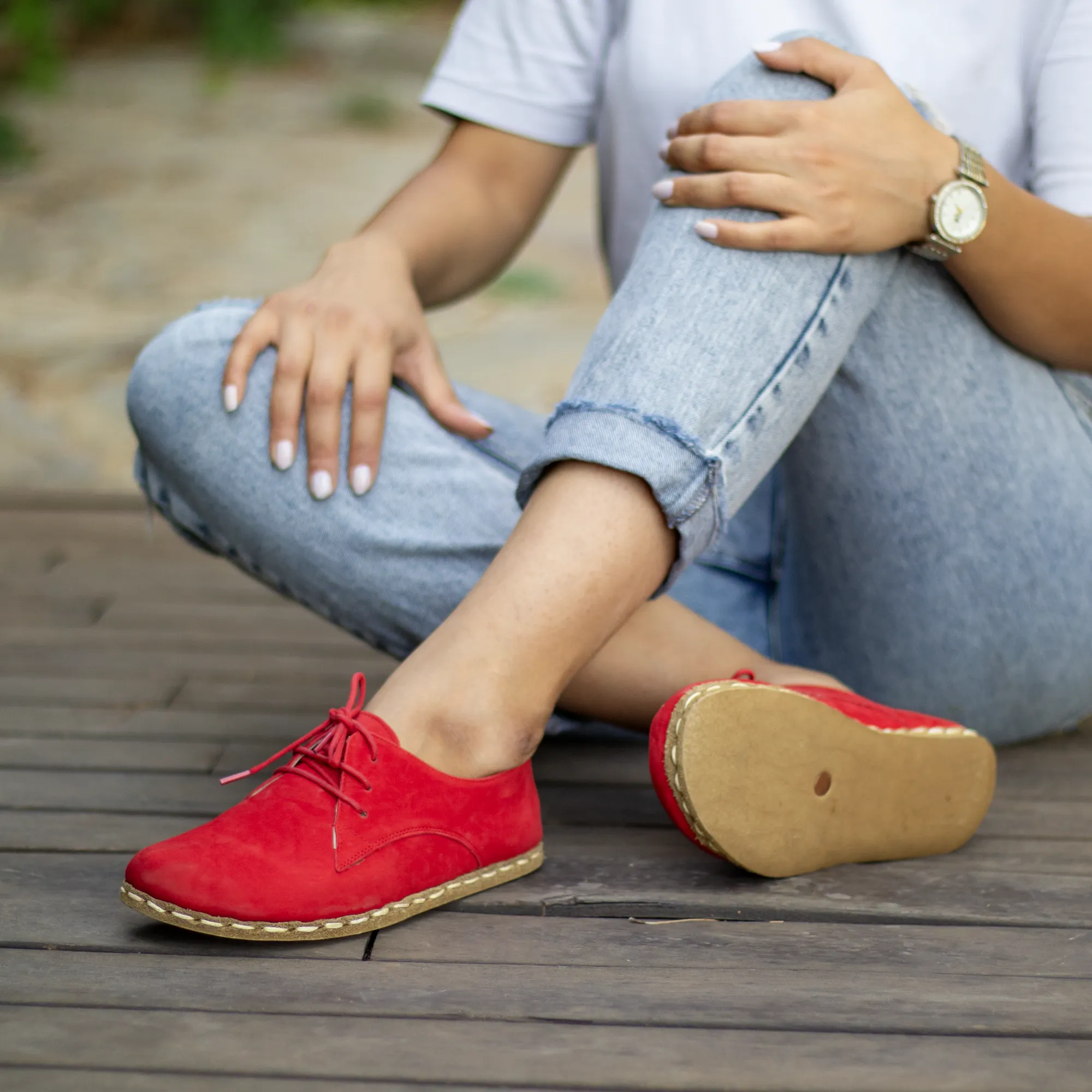 Handmade Barefoot Leather Shoes Red Nubuck for Women