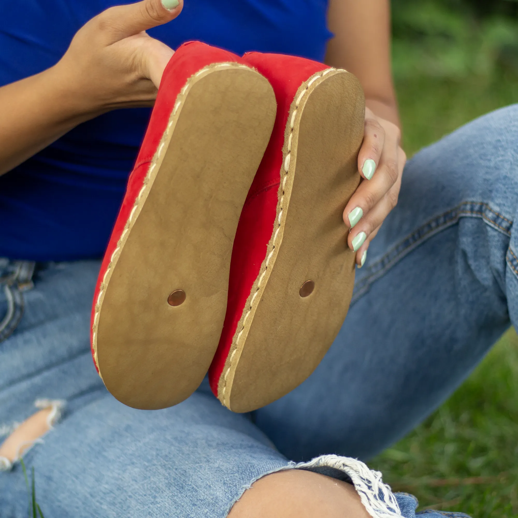 Handmade Barefoot Leather Shoes Red Nubuck for Women