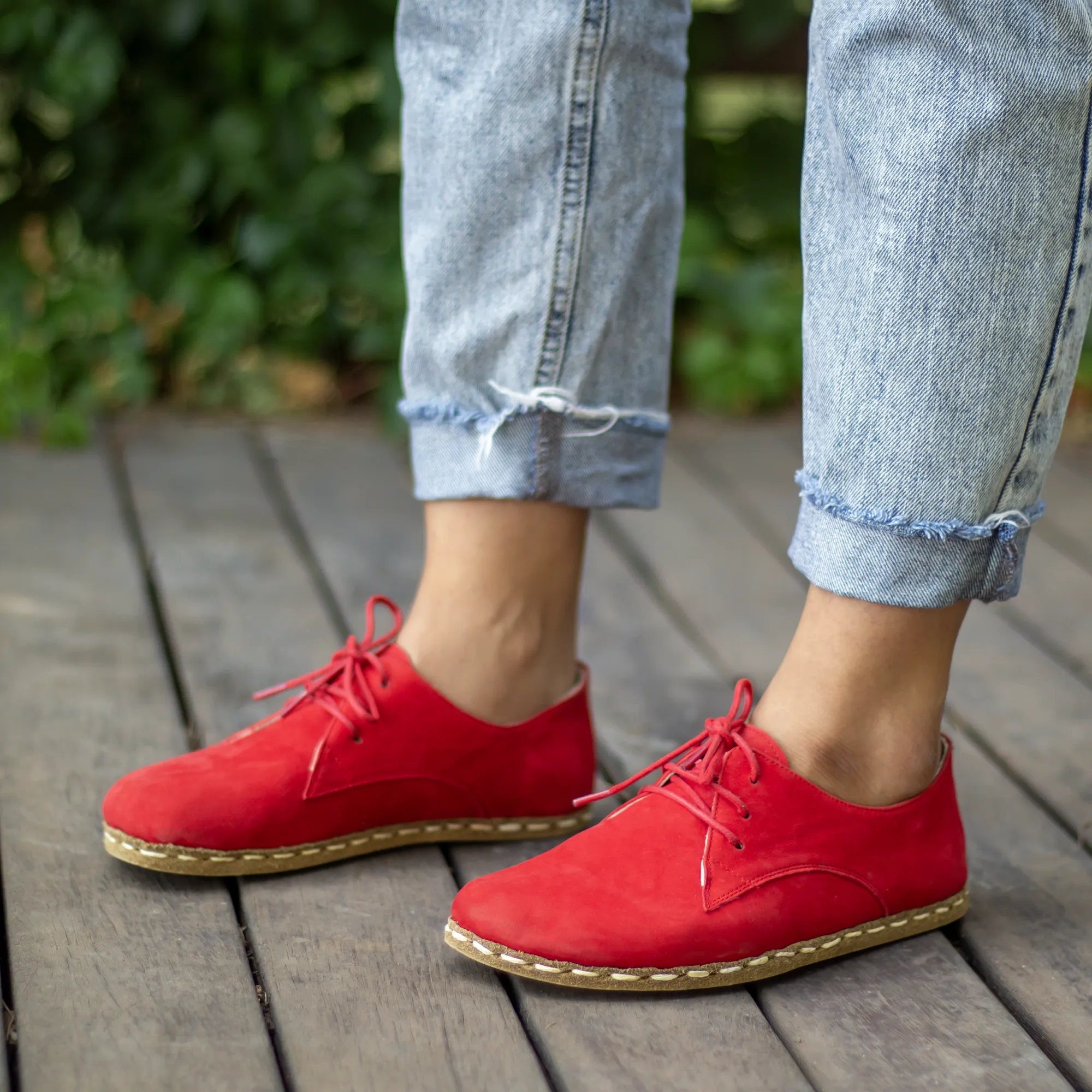 Handmade Barefoot Leather Shoes Red Nubuck for Women