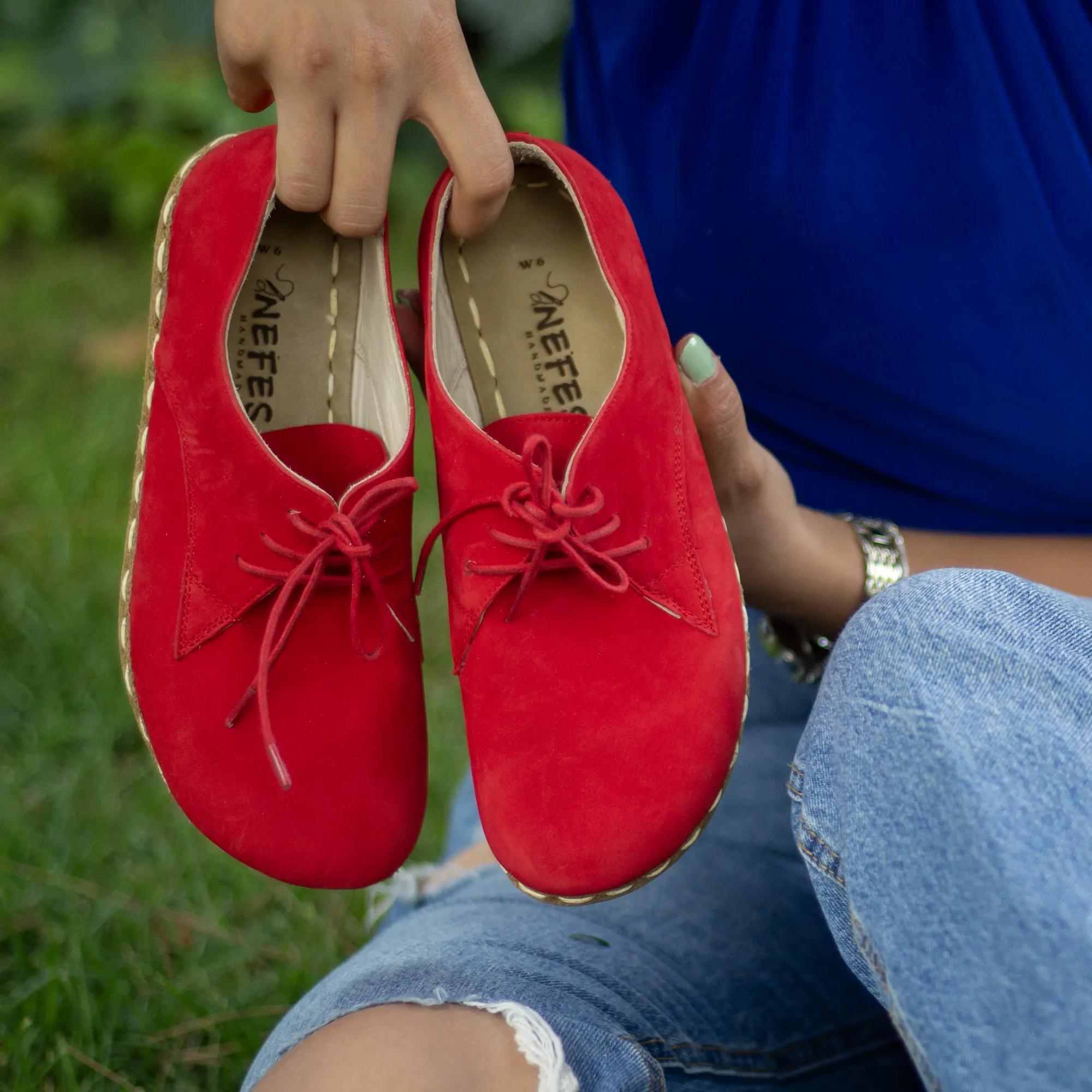 Handmade Barefoot Leather Shoes Red Nubuck for Women