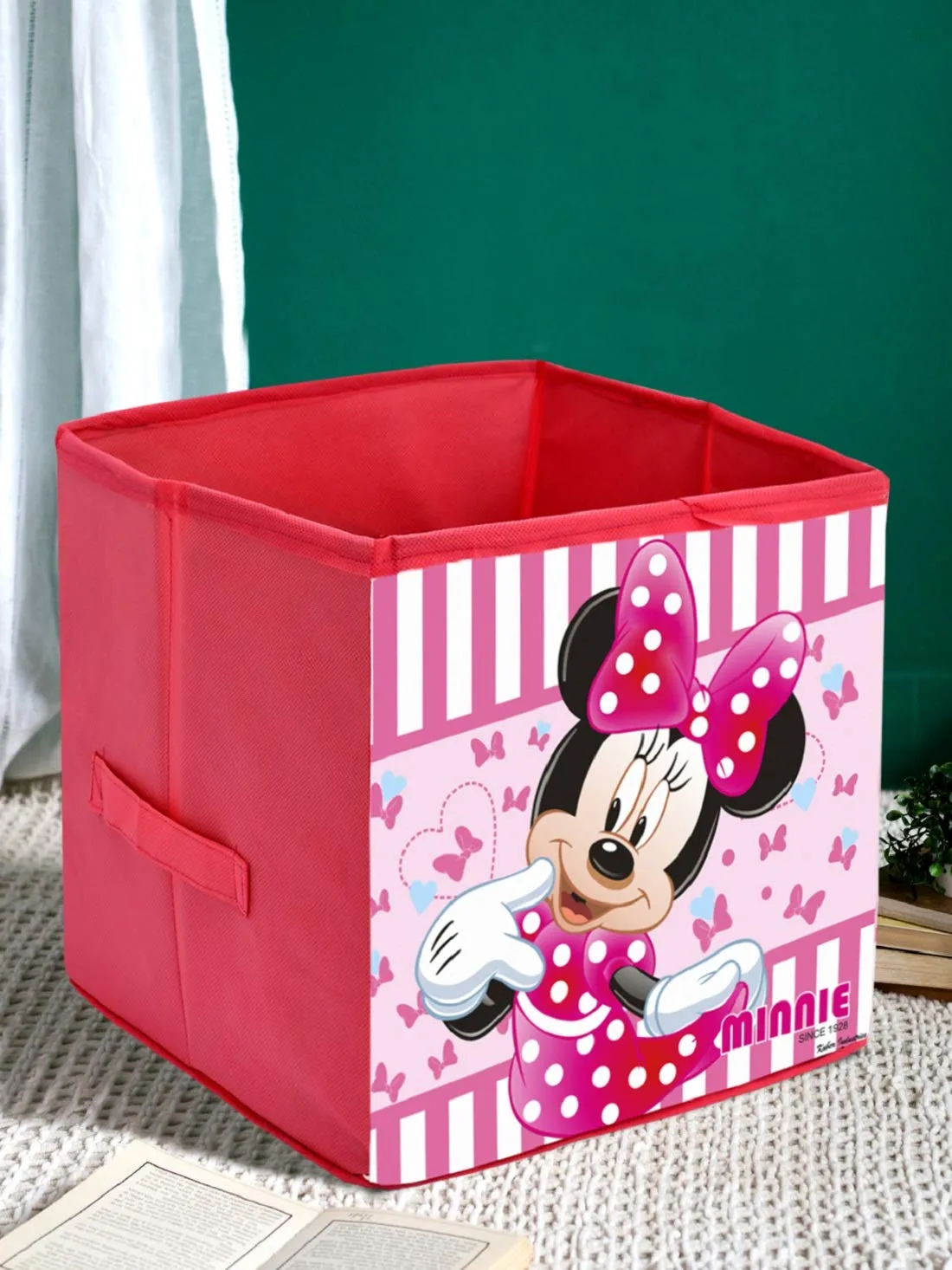 Kuber Industries Disney Minnie Print Non Woven Fabric Foldable Toy, Books, Shoes Cube Storage Box with Handle (Pink, Large, 4 Pieces)