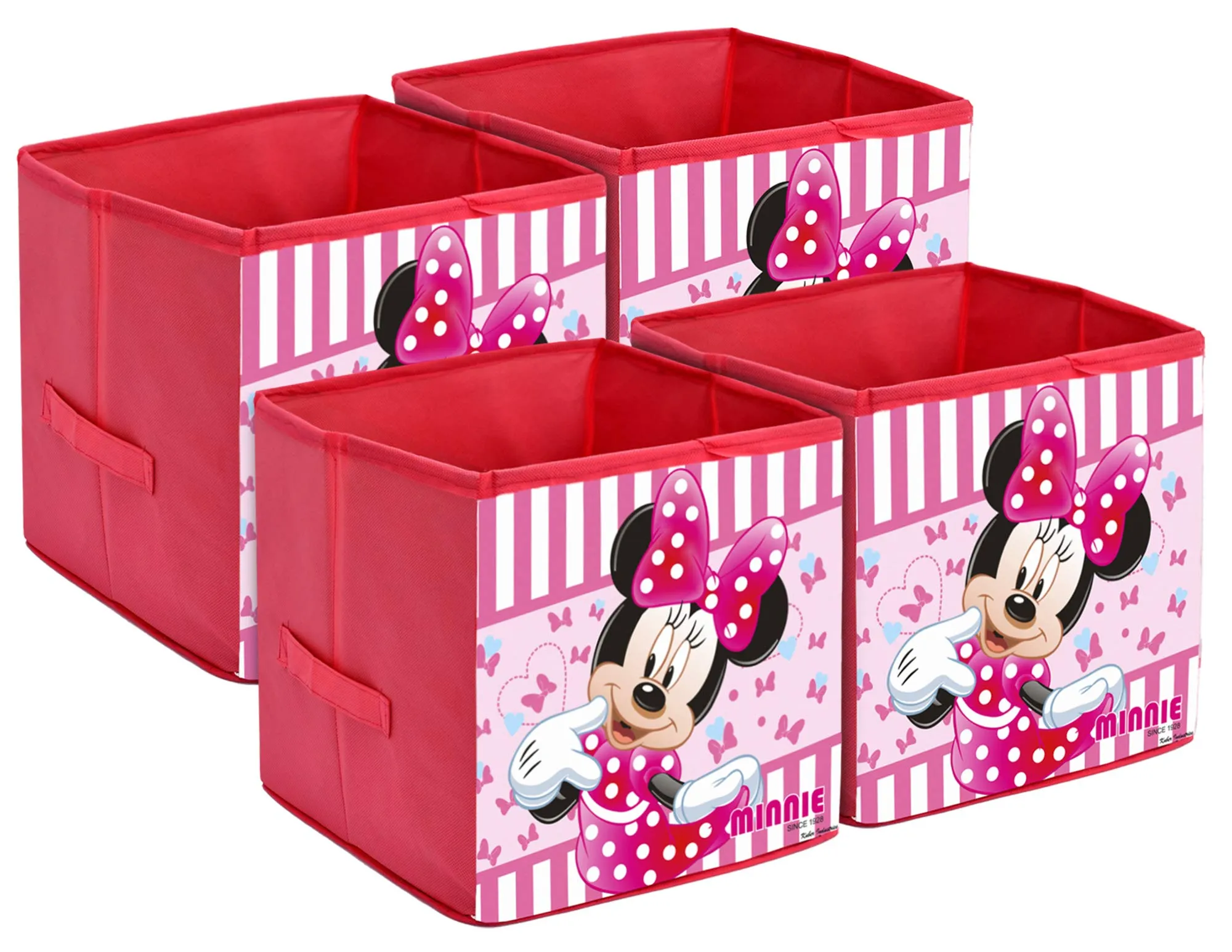 Kuber Industries Disney Minnie Print Non Woven Fabric Foldable Toy, Books, Shoes Cube Storage Box with Handle (Pink, Large, 4 Pieces)