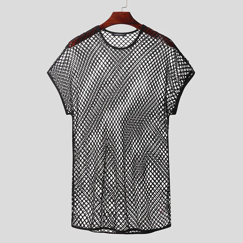 Men Mesh T Shirts Short Sleeve Round Neck T-Shirts Fashion See Through Tops Male Style Streetwear