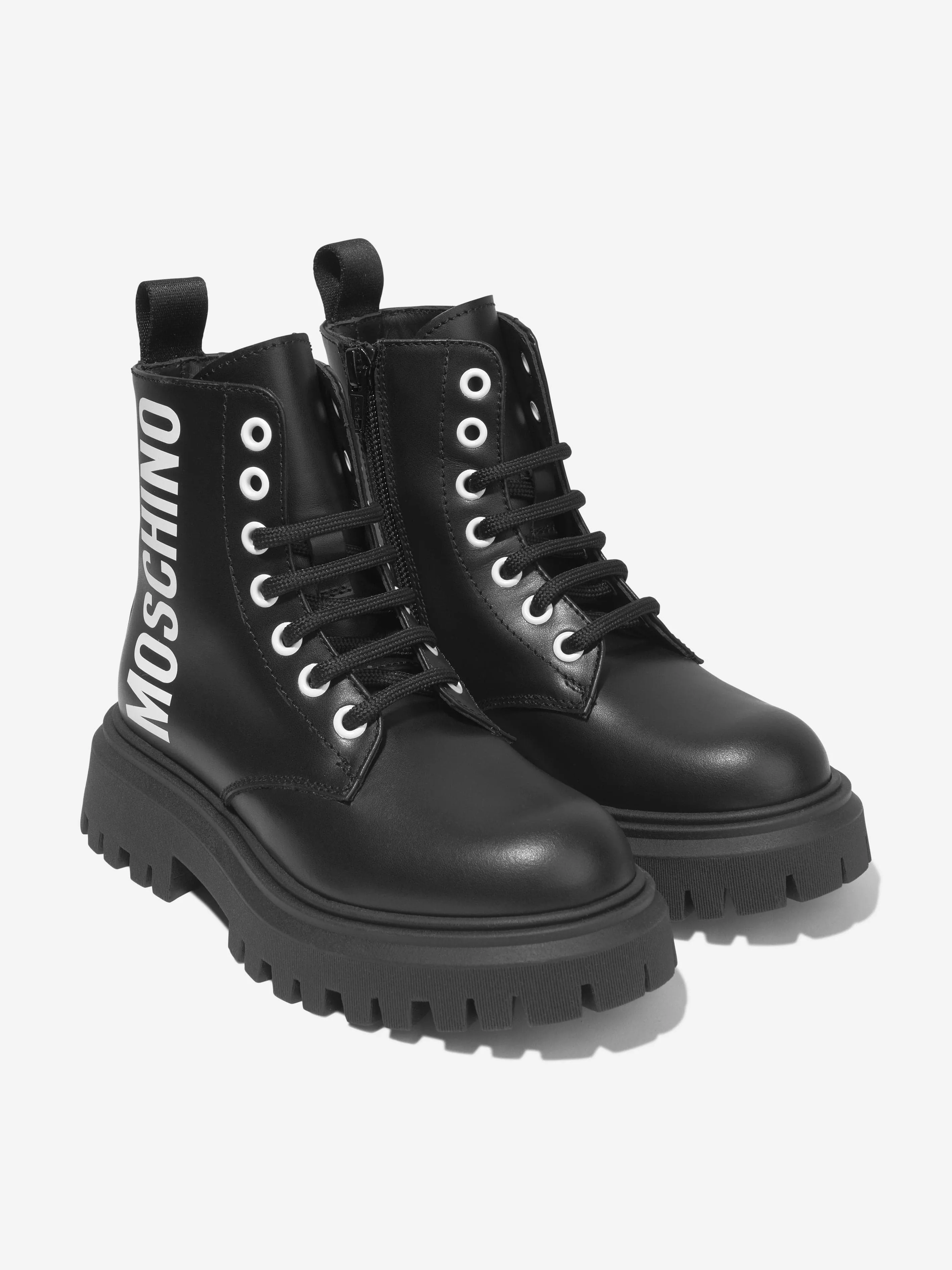 Moschino Girls Leather Maxi Logo Lace Up Boots