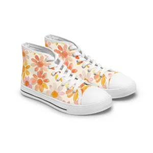 Orange Watercolor Flowers Women's High Top Sneakers