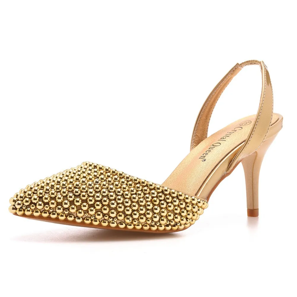 Pointed Toe Pearl Slingback High Heels