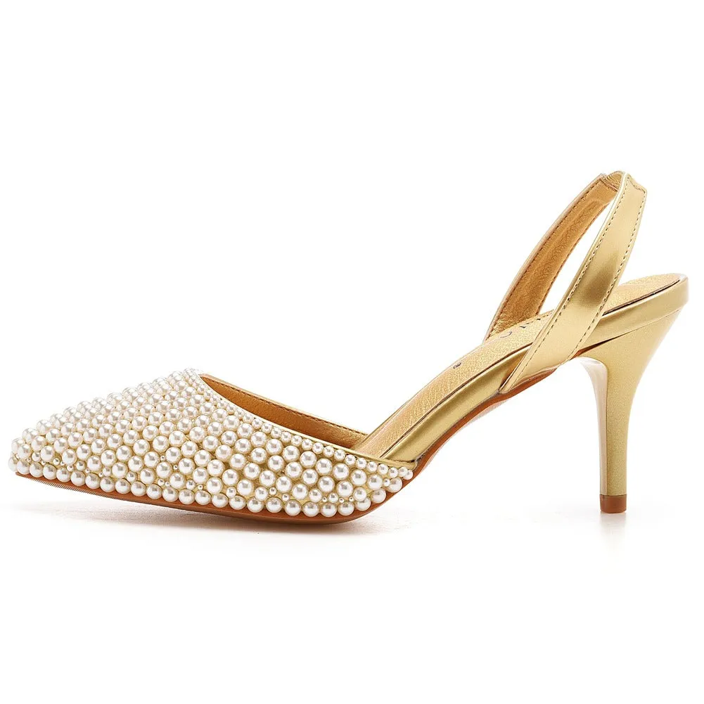 Pointed Toe Pearl Slingback High Heels