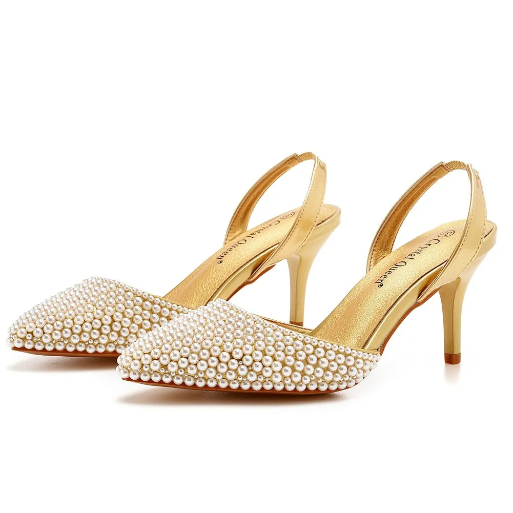 Pointed Toe Pearl Slingback High Heels