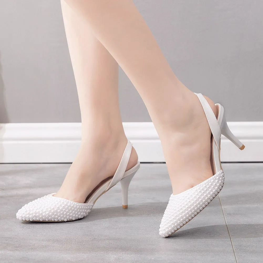 Pointed Toe Pearl Slingback High Heels